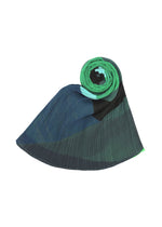 The ORBIT MADAME-T by PLEATS PLEASE ISSEY MIYAKE is a pleated stole in dark blue, green, and black—rolled at one end and fanned at the other, ideal as a stylish wrap for any occasion.