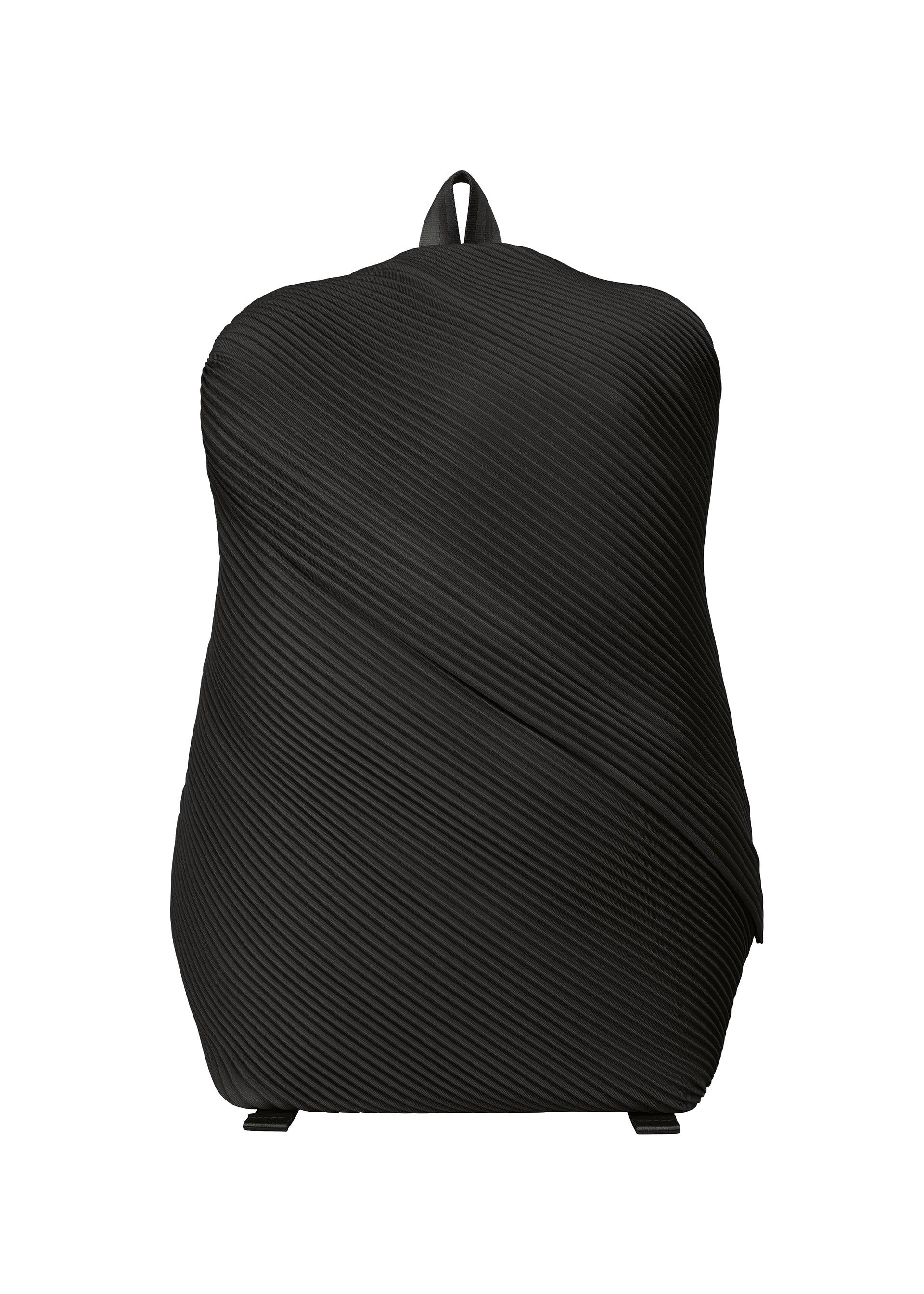 Zoomed view The BIAS PLEATS BACKPACK by PLEATS PLEASE ISSEY MIYAKE features a unique pleated, diagonal ribbed texture and minimalist design, showcased against a plain white background. - BLACK （no.15）