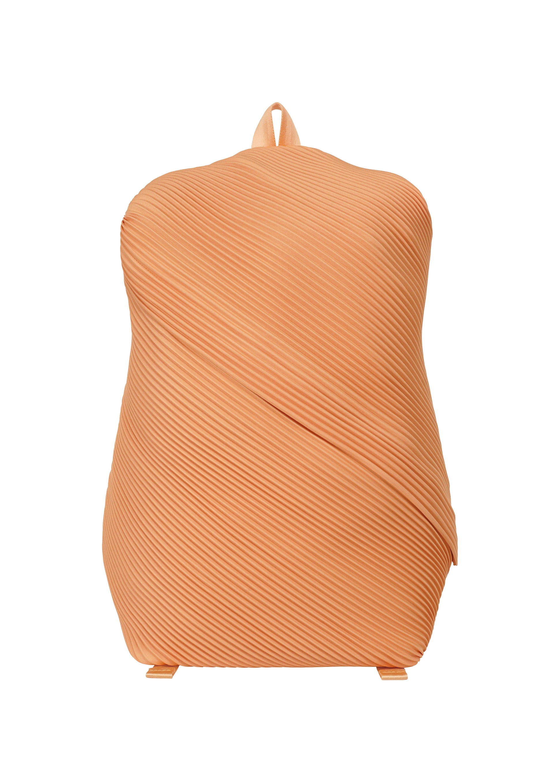 Zoomed view The BIAS PLEATS BACKPACK by PLEATS PLEASE ISSEY MIYAKE features a peach color, diagonal pleats, and a unique wavy texture with minimalist design, shown against a white background. - PALE ORANGE （no.30）