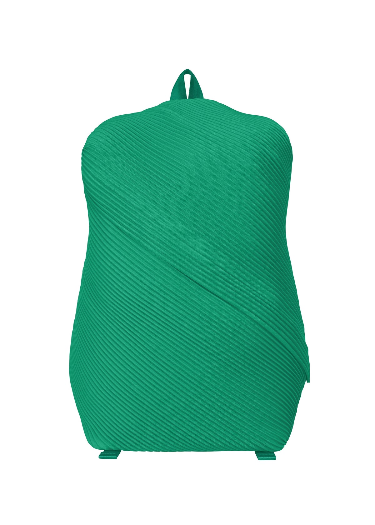 The BIAS PLEATS BACKPACK by PLEATS PLEASE ISSEY MIYAKE is a stylish green bag with ribbed, diagonal textured pleats, shown against a plain white background. view 3 of 5