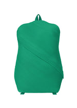 The BIAS PLEATS BACKPACK by PLEATS PLEASE ISSEY MIYAKE is a stylish green bag with ribbed, diagonal textured pleats, shown against a plain white background. - FRESH GREEN （no.67）