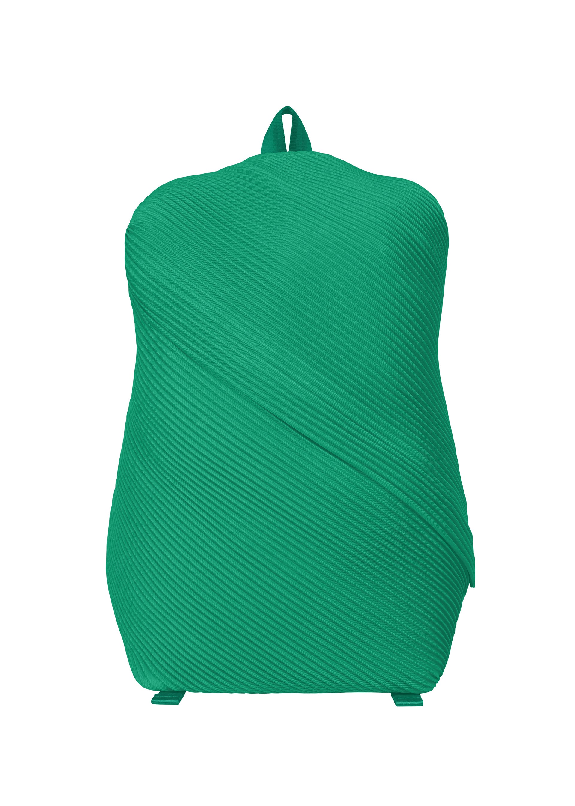 Zoomed view The BIAS PLEATS BACKPACK by PLEATS PLEASE ISSEY MIYAKE is a stylish green bag with ribbed, diagonal textured pleats, shown against a plain white background. - FRESH GREEN （no.67）