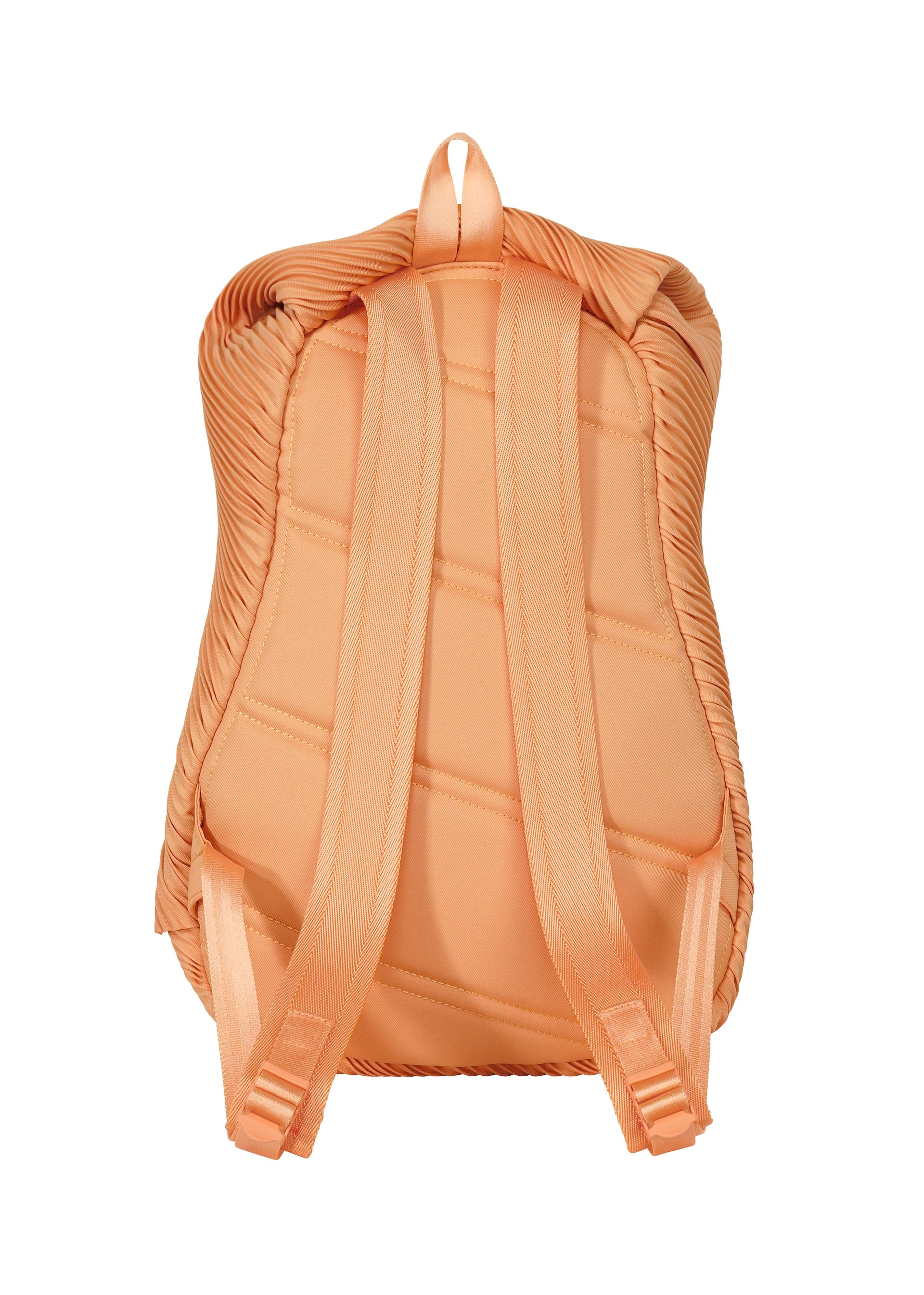 Zoomed view The BIAS PLEATS BACKPACK by PLEATS PLEASE ISSEY MIYAKE is shown from the back, featuring padded shoulder straps, a quilted design, and a top hanging loop. Its sleek and modern look makes it ideal for everyday use.