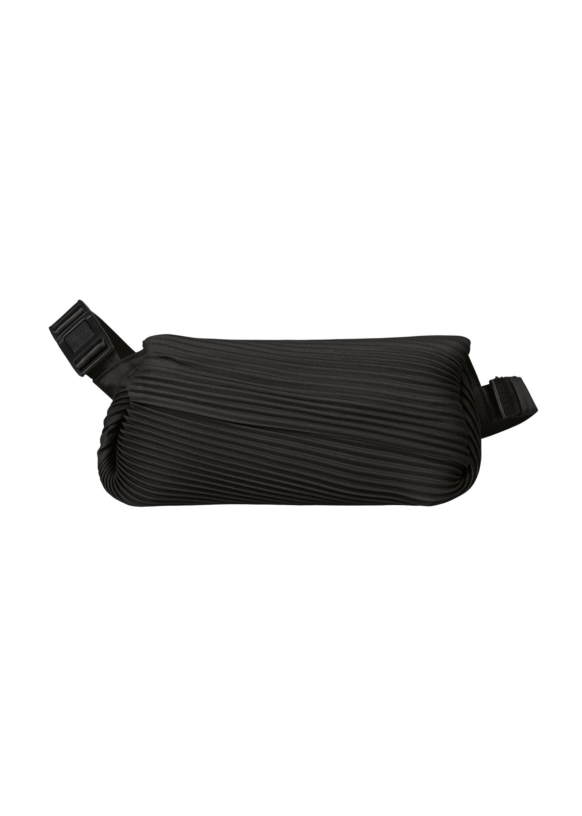 The BIAS PLEATS WAIST BAG by PLEATS PLEASE ISSEY MIYAKE features black diagonal pleats and an adjustable strap, creating a sleek, rectangular silhouette and adding a stylish accent against a plain white background. view 1 of 7