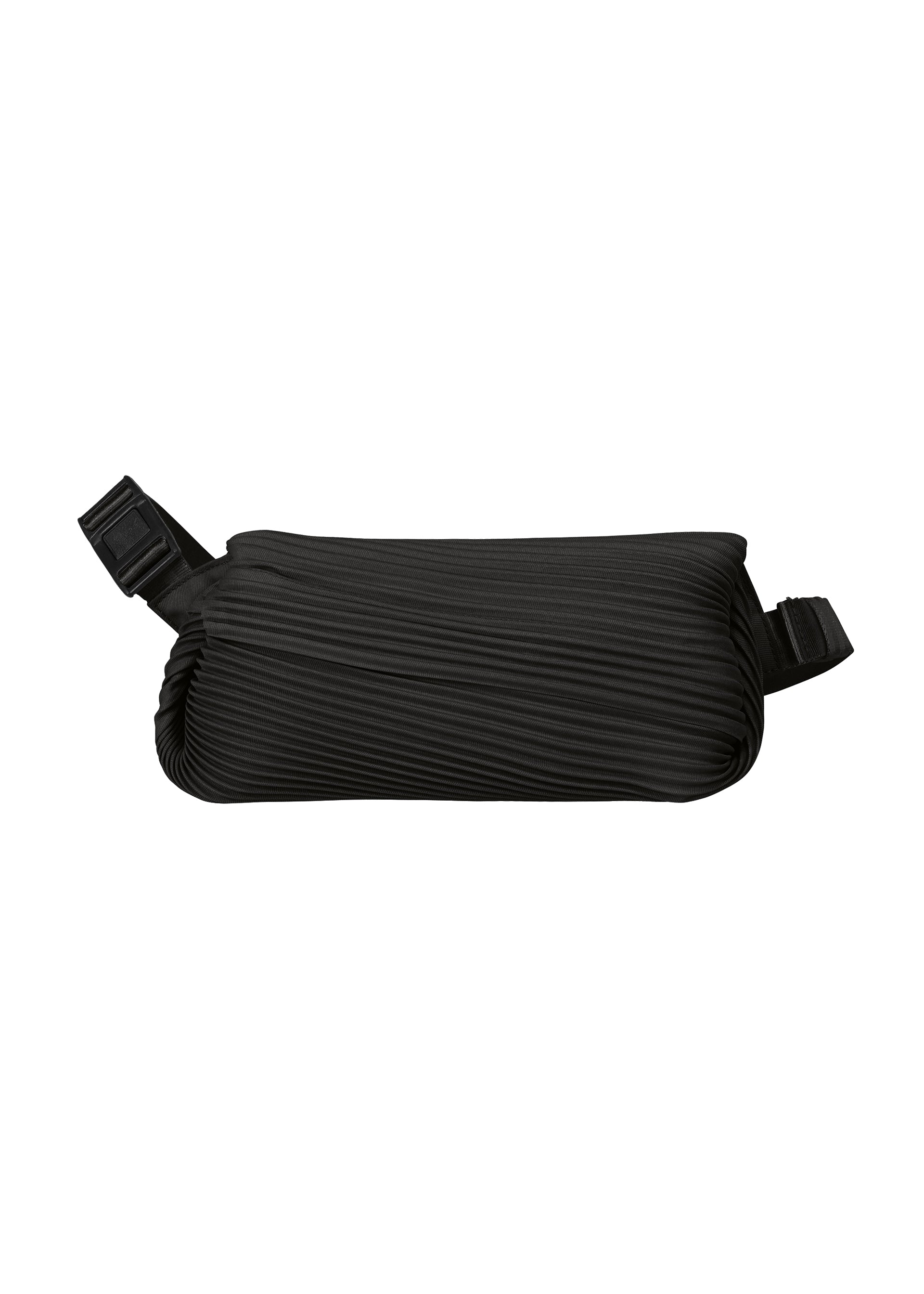 Zoomed view The BIAS PLEATS WAIST BAG by PLEATS PLEASE ISSEY MIYAKE features black diagonal pleats and an adjustable strap, creating a sleek, rectangular silhouette and adding a stylish accent against a plain white background. - BLACK （no.15）