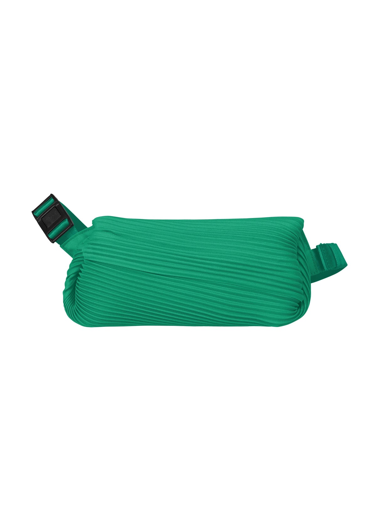 The BIAS PLEATS WAIST BAG by PLEATS PLEASE ISSEY MIYAKE is a green pleated fabric waist bag with a black buckle and strap, shown rolled up on a white background. view 3 of 7