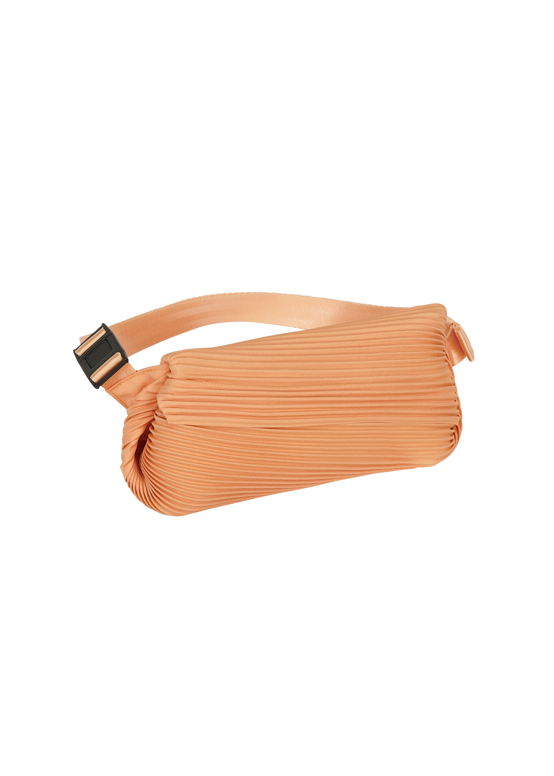 Zoomed view The BIAS PLEATS WAIST BAG by PLEATS PLEASE ISSEY MIYAKE is a peach waist bag with diagonal pleats, adjustable strap, and rectangular buckle, shown on a white background.