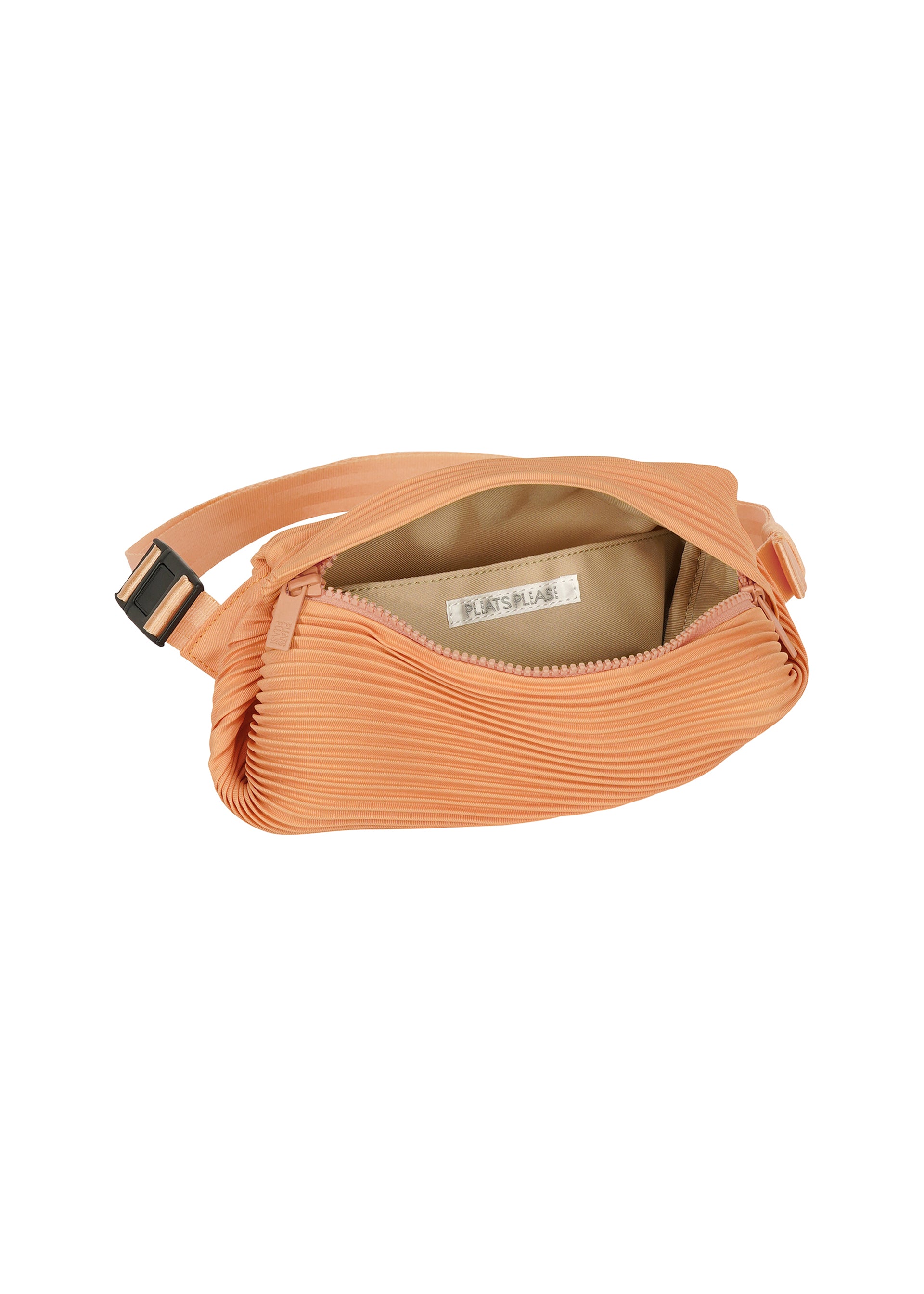 Zoomed view The BIAS PLEATS WAIST BAG by PLEATS PLEASE ISSEY MIYAKE is a small, textured orange crossbody with diagonal pleats, a beige interior with the PLST PLACE label, and a strap featuring a black buckle for stylish detail.
