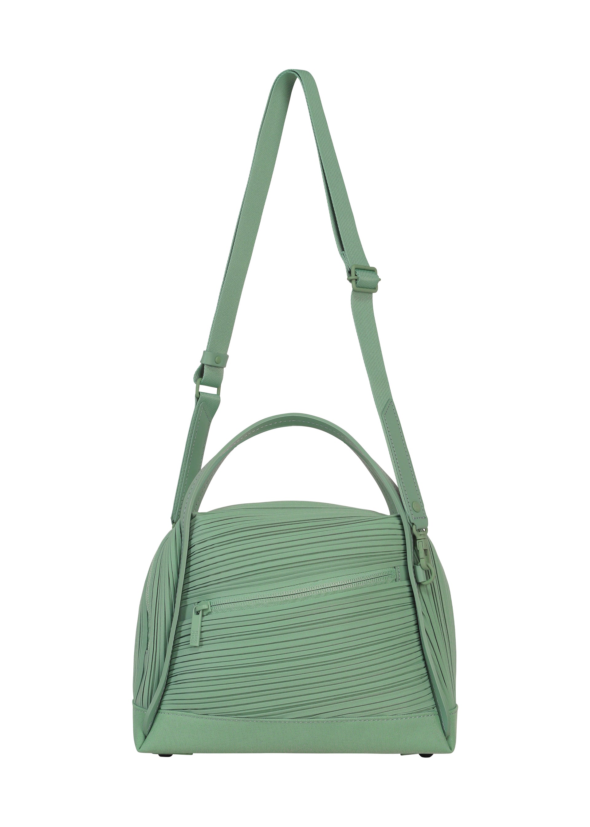 Zoomed view The BIAS PLEATS BAG by PLEATS PLEASE ISSEY MIYAKE features a sage green textured exterior with elegant diagonal pleating, a top handle, long adjustable shoulder strap, and a zippered side pocket. - GRAYISH GREEN （no.61）
