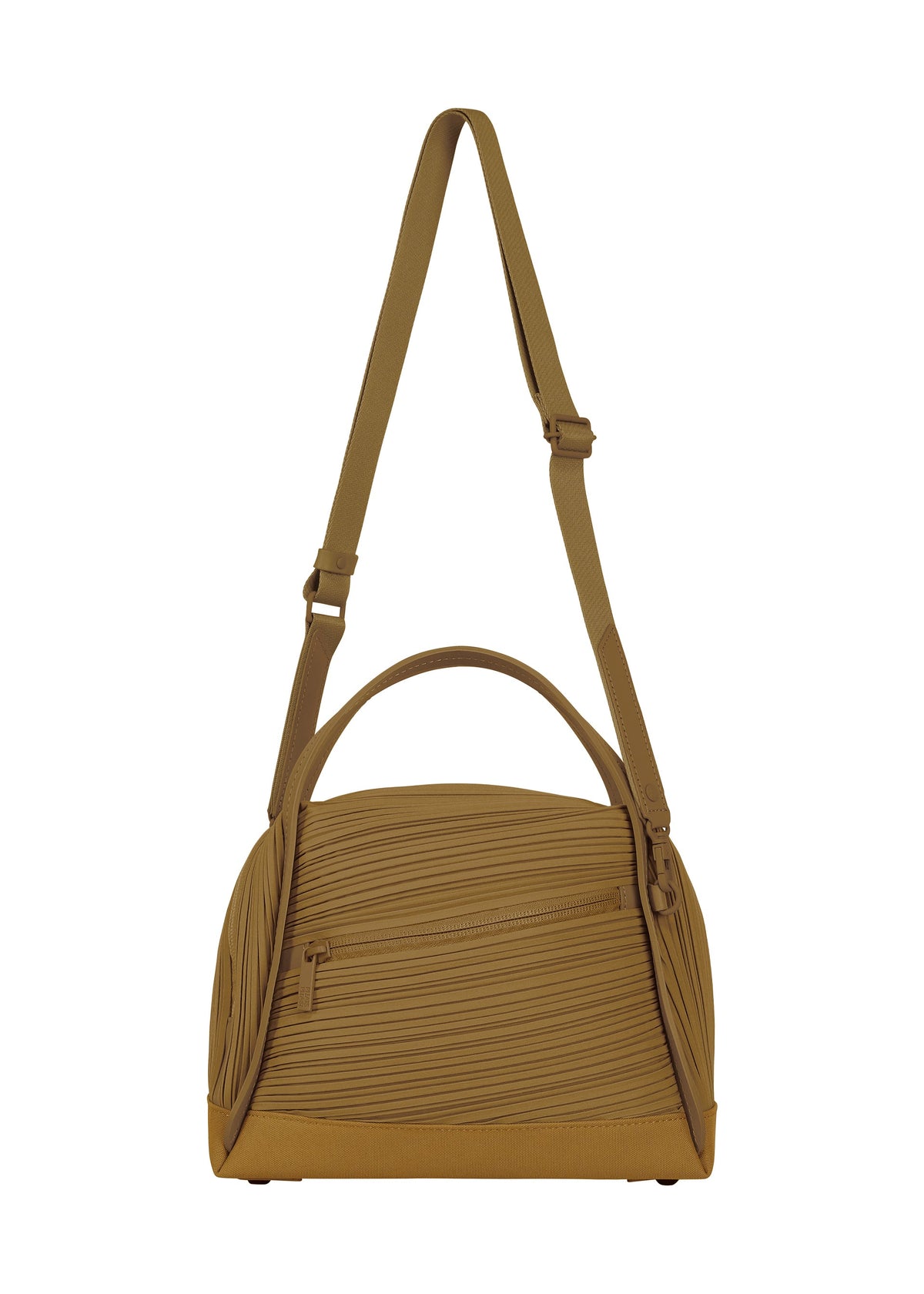 The BIAS PLEATS BAG by PLEATS PLEASE ISSEY MIYAKE features a mustard yellow hue, a distinctive diagonal pleating texture, a front zip pocket, top handle, and an adjustable shoulder strap, shown against a plain white background. view 2 of 10