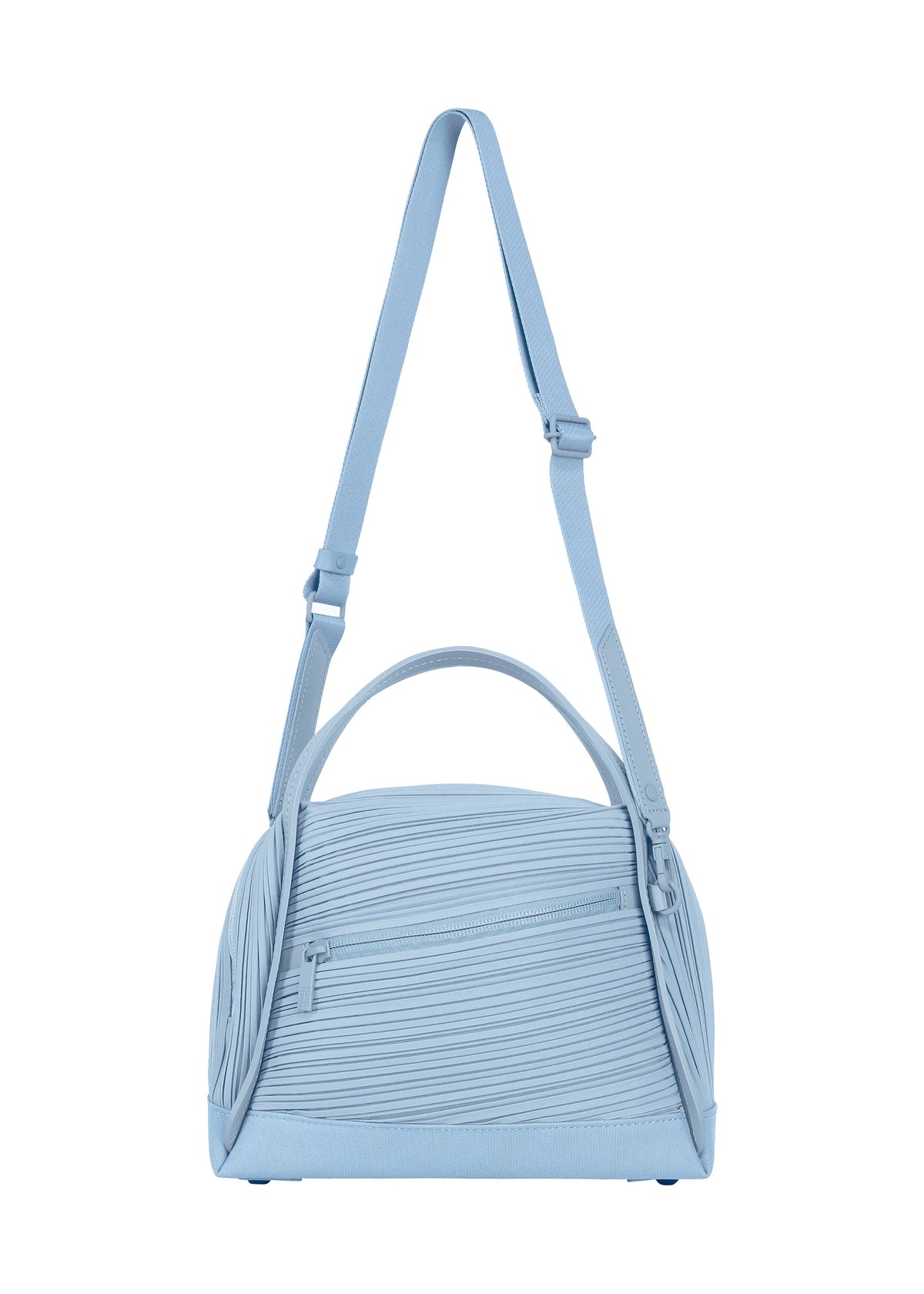 The BIAS PLEATS BAG by PLEATS PLEASE ISSEY MIYAKE is showcased against a plain white background, featuring light blue diagonal pleating, an adjustable shoulder strap, two handles, and a zippered front pocket. view 3 of 10