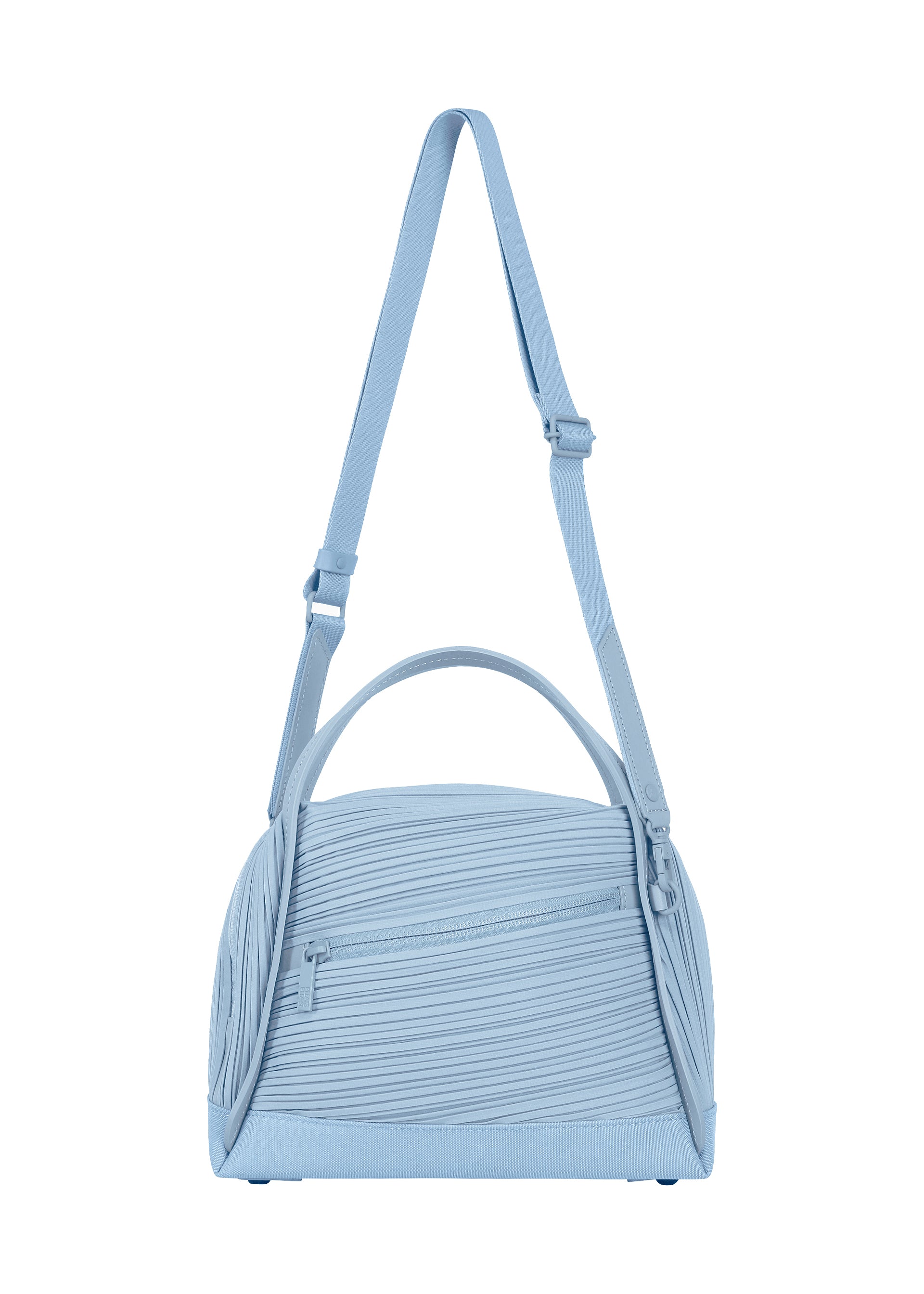 Zoomed view The BIAS PLEATS BAG by PLEATS PLEASE ISSEY MIYAKE is showcased against a plain white background, featuring light blue diagonal pleating, an adjustable shoulder strap, two handles, and a zippered front pocket. - LIGHT BLUE （no.70）