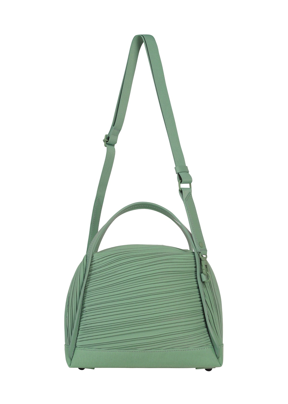 The BIAS PLEATS BAG by PLEATS PLEASE ISSEY MIYAKE is a light green shoulder bag featuring a structured, dome-like silhouette with a distinctive textured diagonal pleating design. It comes with a top handle and an adjustable shoulder strap, and is crafted from pleated fabric. view 4 of 10
