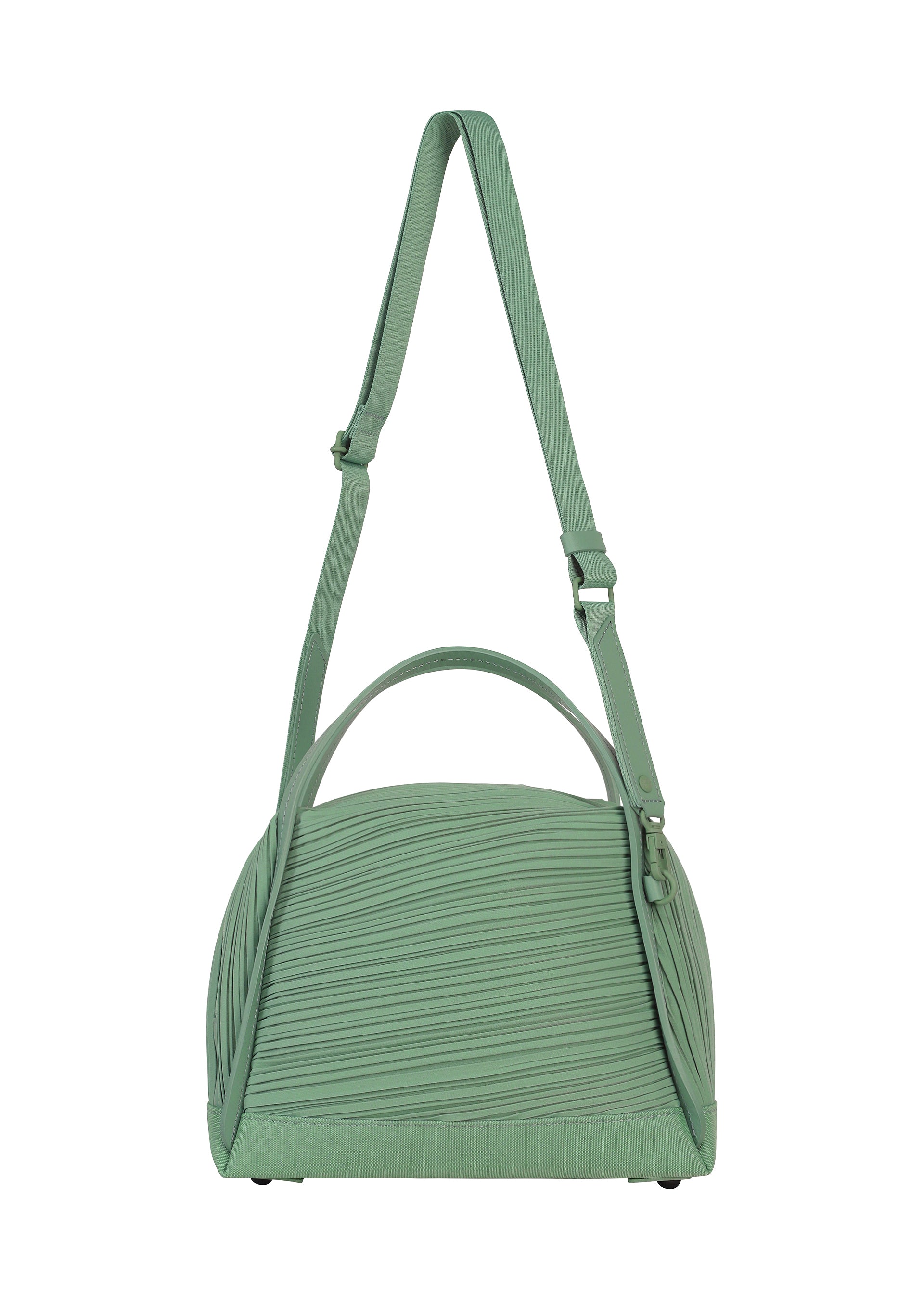 Zoomed view The BIAS PLEATS BAG by PLEATS PLEASE ISSEY MIYAKE is a light green shoulder bag featuring a structured, dome-like silhouette with a distinctive textured diagonal pleating design. It comes with a top handle and an adjustable shoulder strap, and is crafted from pleated fabric.