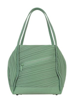 The BIAS PLEATS BAG by PLEATS PLEASE ISSEY MIYAKE, featuring a sage green color, double handles, pleated textured sides, and a front zippered pocket, is photographed against a white background. - GRAYISH GREEN （no.61）