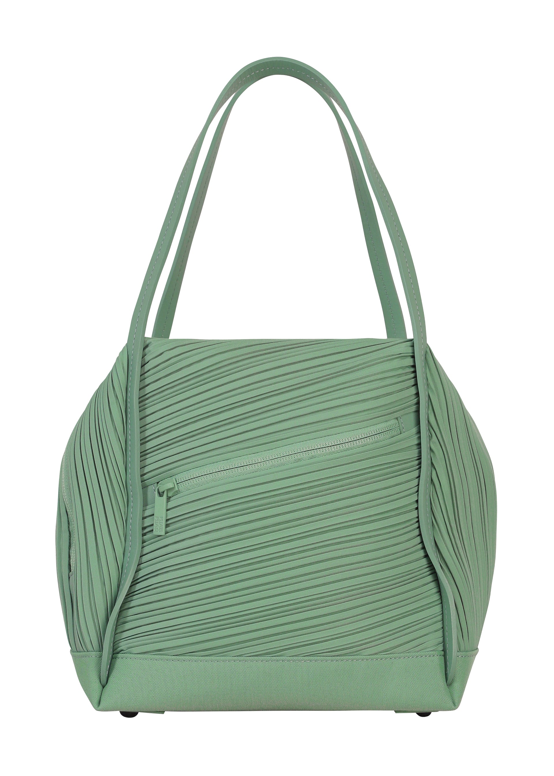 Zoomed view The BIAS PLEATS BAG by PLEATS PLEASE ISSEY MIYAKE, featuring a sage green color, double handles, pleated textured sides, and a front zippered pocket, is photographed against a white background. - GRAYISH GREEN （no.61）