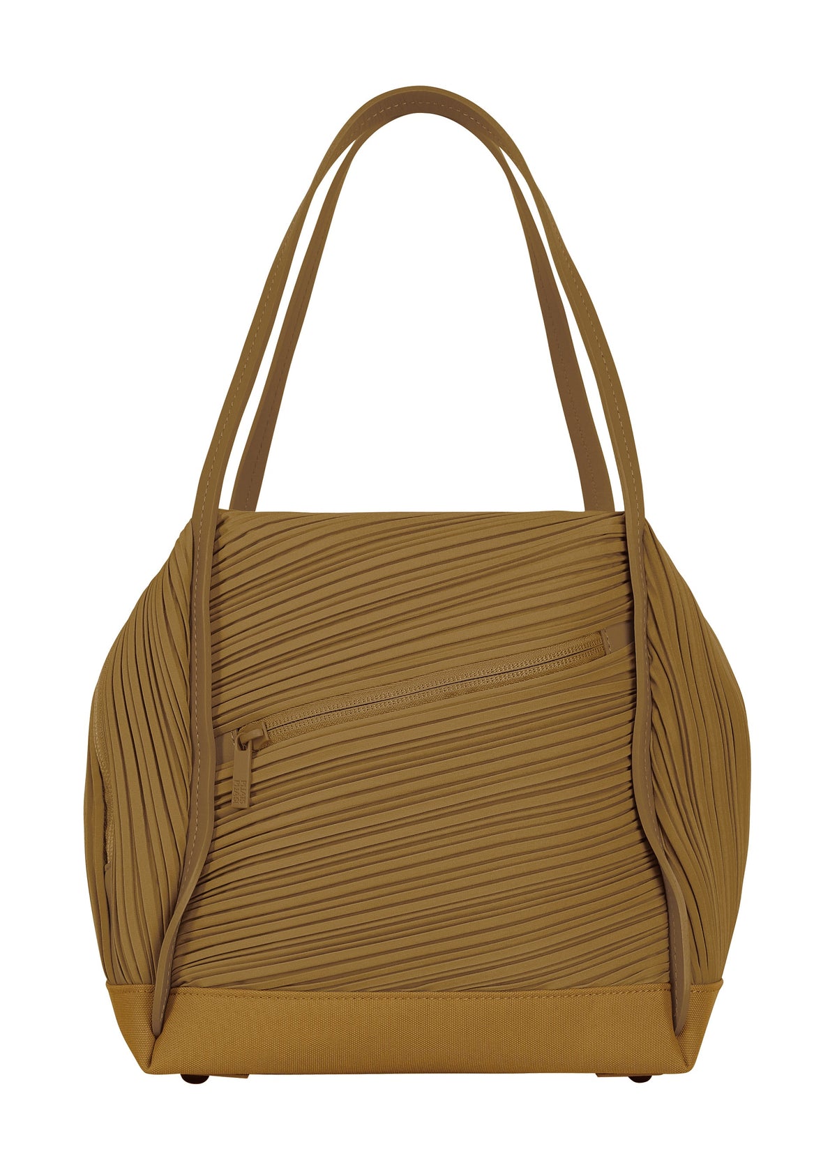 The BIAS PLEATS BAG by PLEATS PLEASE ISSEY MIYAKE features a structured, tan silhouette with two handles, a front zipper pocket, and textured pleated detailing along the sides. The bag is displayed against a white background. view 2 of 9