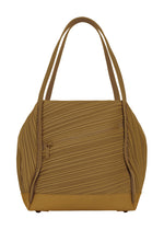 The BIAS PLEATS BAG by PLEATS PLEASE ISSEY MIYAKE features a structured, tan silhouette with two handles, a front zipper pocket, and textured pleated detailing along the sides. The bag is displayed against a white background. - KHAKI （no.65）