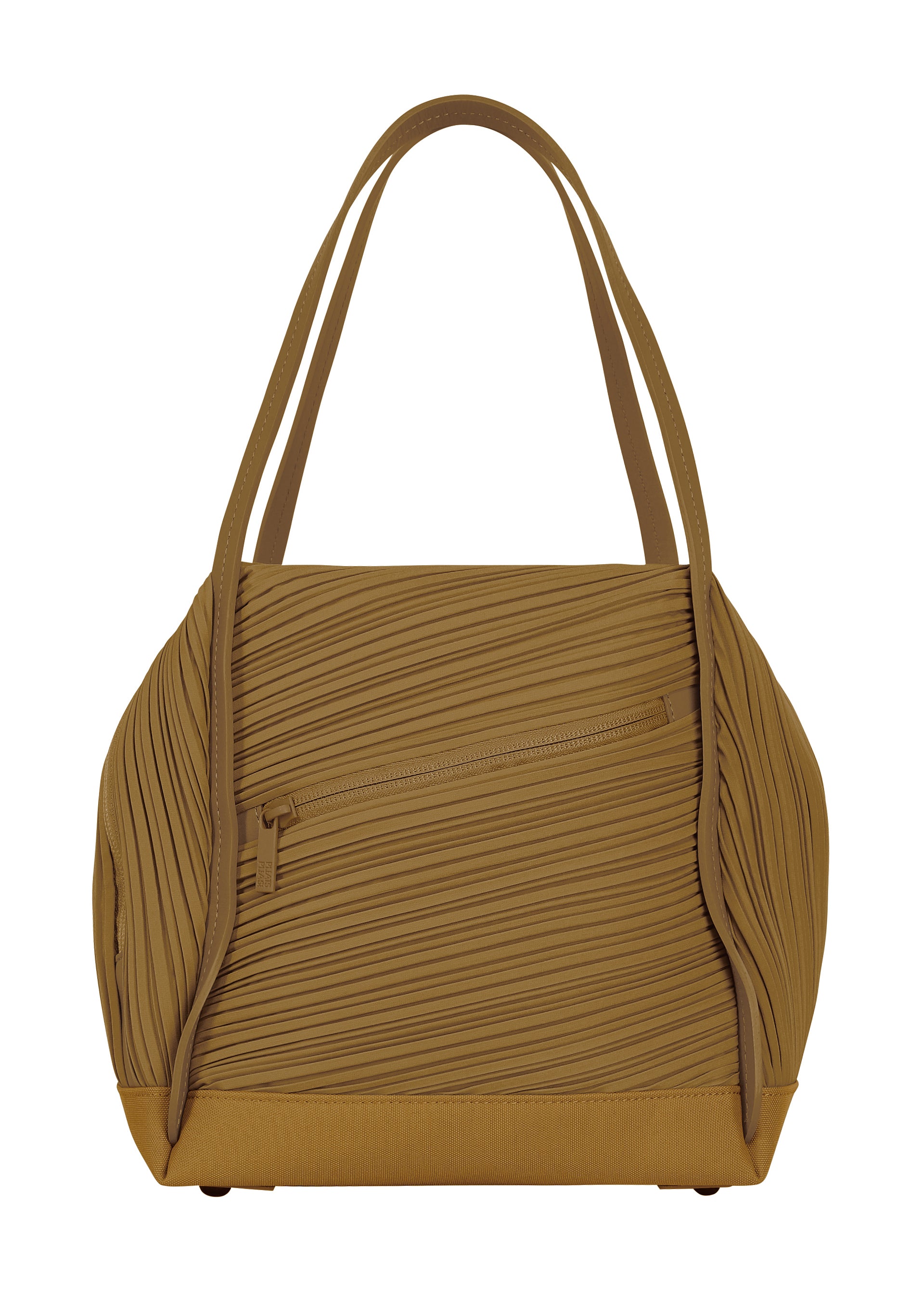 Zoomed view The BIAS PLEATS BAG by PLEATS PLEASE ISSEY MIYAKE features a structured, tan silhouette with two handles, a front zipper pocket, and textured pleated detailing along the sides. The bag is displayed against a white background. - KHAKI （no.65）
