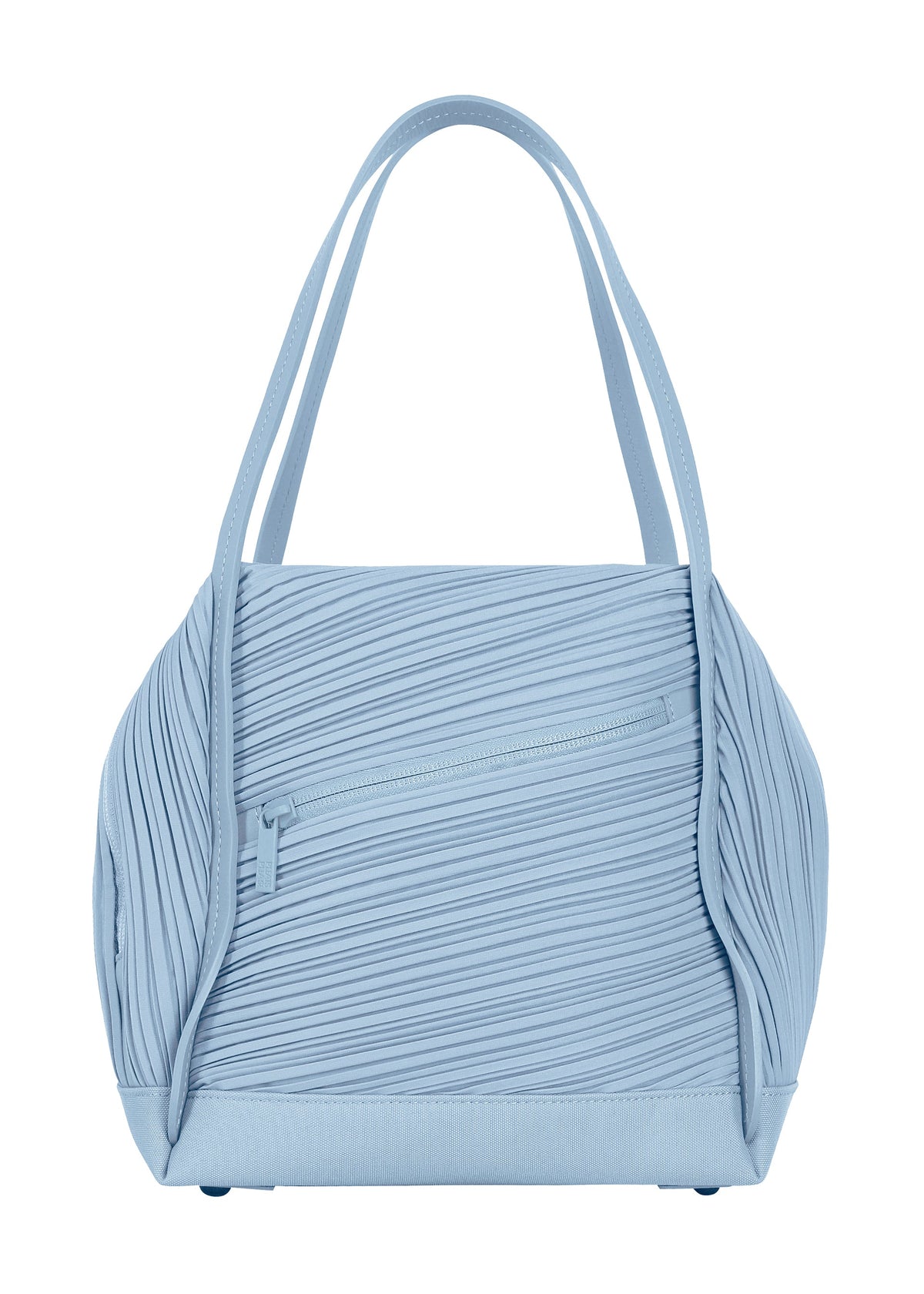 The BIAS PLEATS BAG by PLEATS PLEASE ISSEY MIYAKE showcases light blue, textured pleated fabric, dual shoulder straps, a front zippered pocket, and features a modern structured shape with minimalist design. view 3 of 9