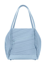 The BIAS PLEATS BAG by PLEATS PLEASE ISSEY MIYAKE showcases light blue, textured pleated fabric, dual shoulder straps, a front zippered pocket, and features a modern structured shape with minimalist design. - LIGHT BLUE （no.70）