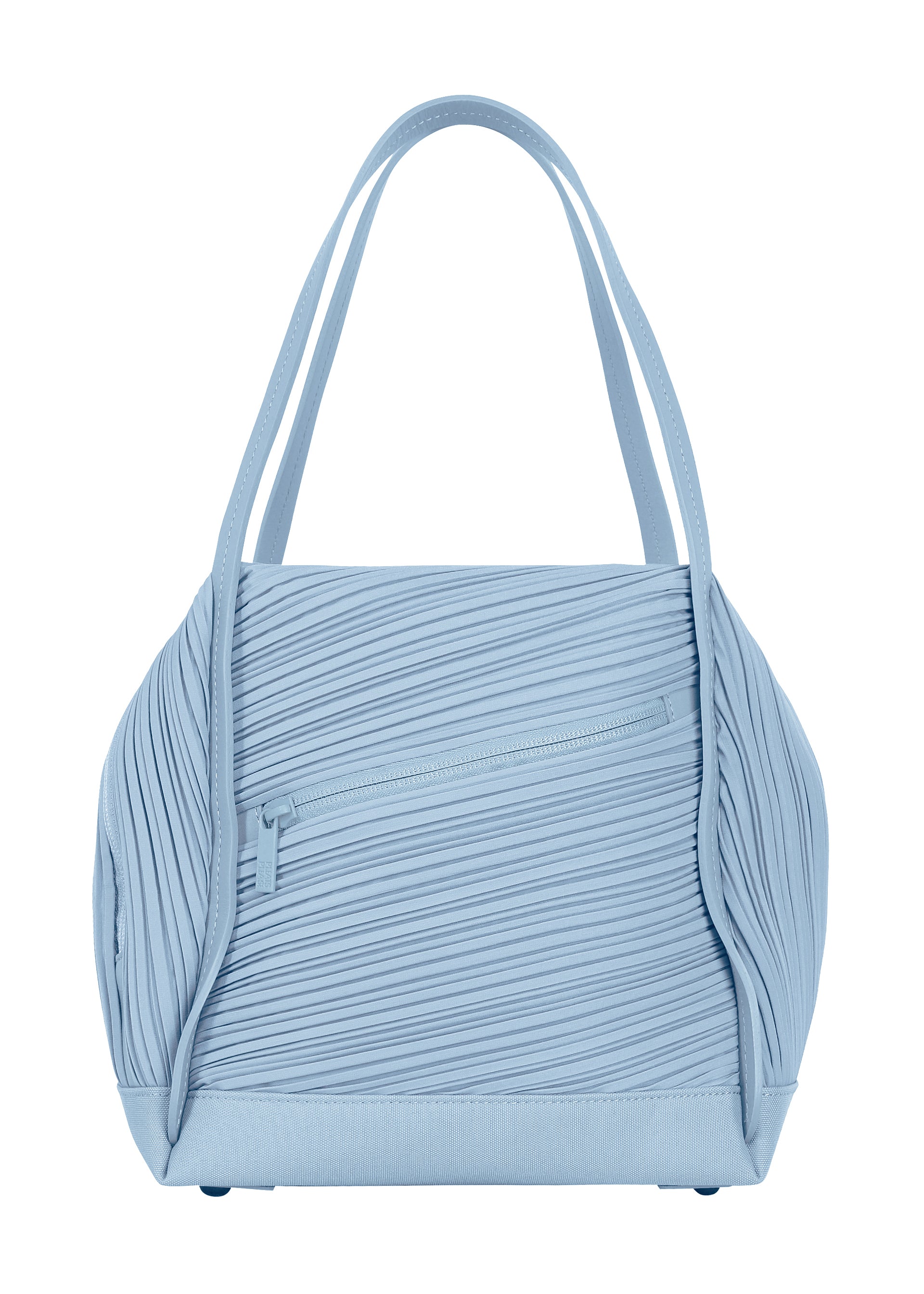 Zoomed view The BIAS PLEATS BAG by PLEATS PLEASE ISSEY MIYAKE showcases light blue, textured pleated fabric, dual shoulder straps, a front zippered pocket, and features a modern structured shape with minimalist design. - LIGHT BLUE （no.70）