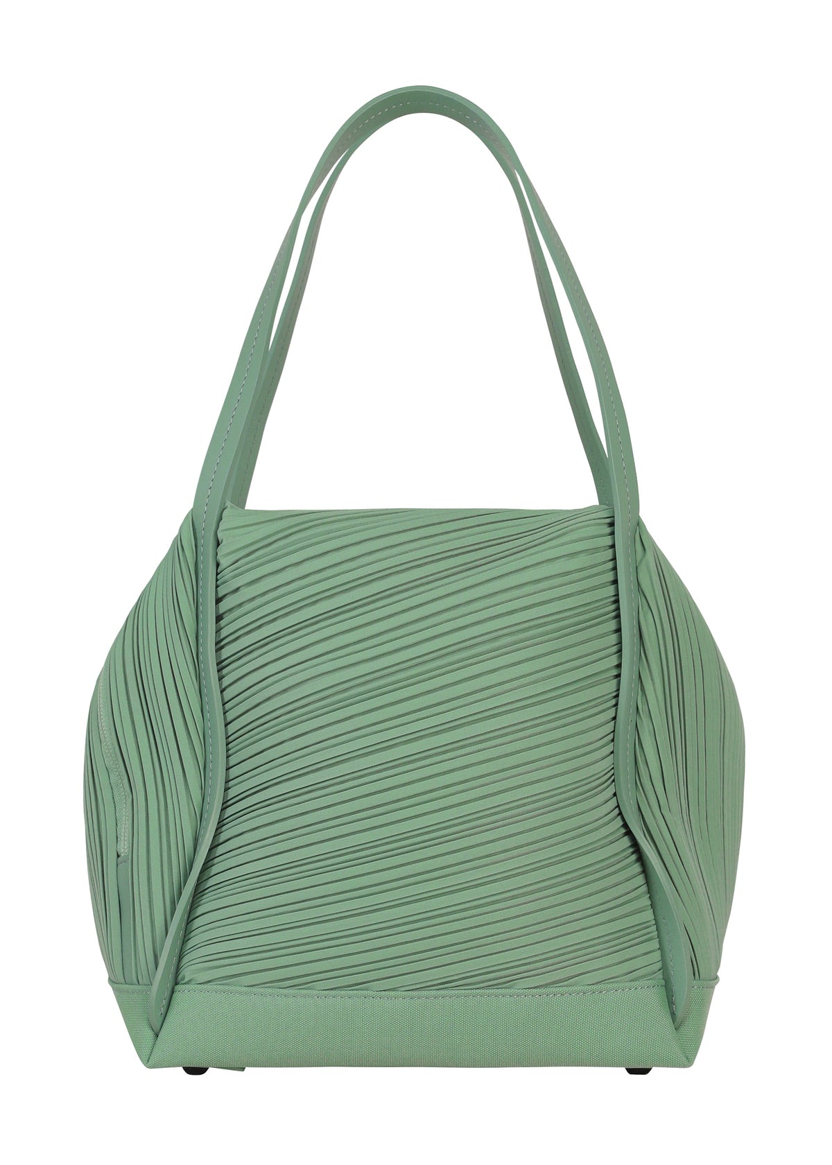 The BIAS PLEATS BAG by PLEATS PLEASE ISSEY MIYAKE is a light green pleated bag with textured sides and two handles, displayed against a white background. view 4 of 9