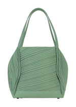The BIAS PLEATS BAG by PLEATS PLEASE ISSEY MIYAKE is a light green pleated bag with textured sides and two handles, displayed against a white background.