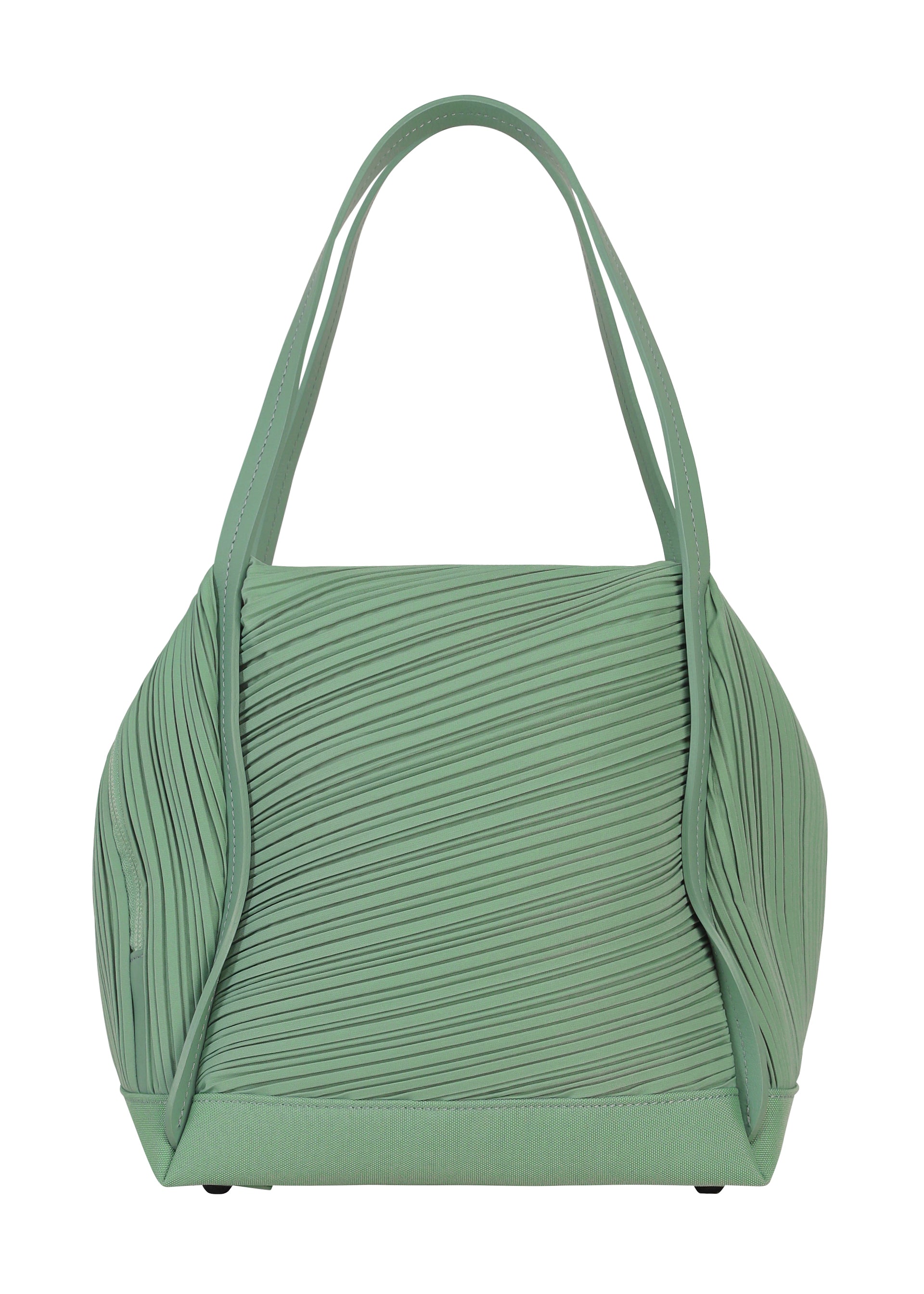 Zoomed view The BIAS PLEATS BAG by PLEATS PLEASE ISSEY MIYAKE is a light green pleated bag with textured sides and two handles, displayed against a white background.