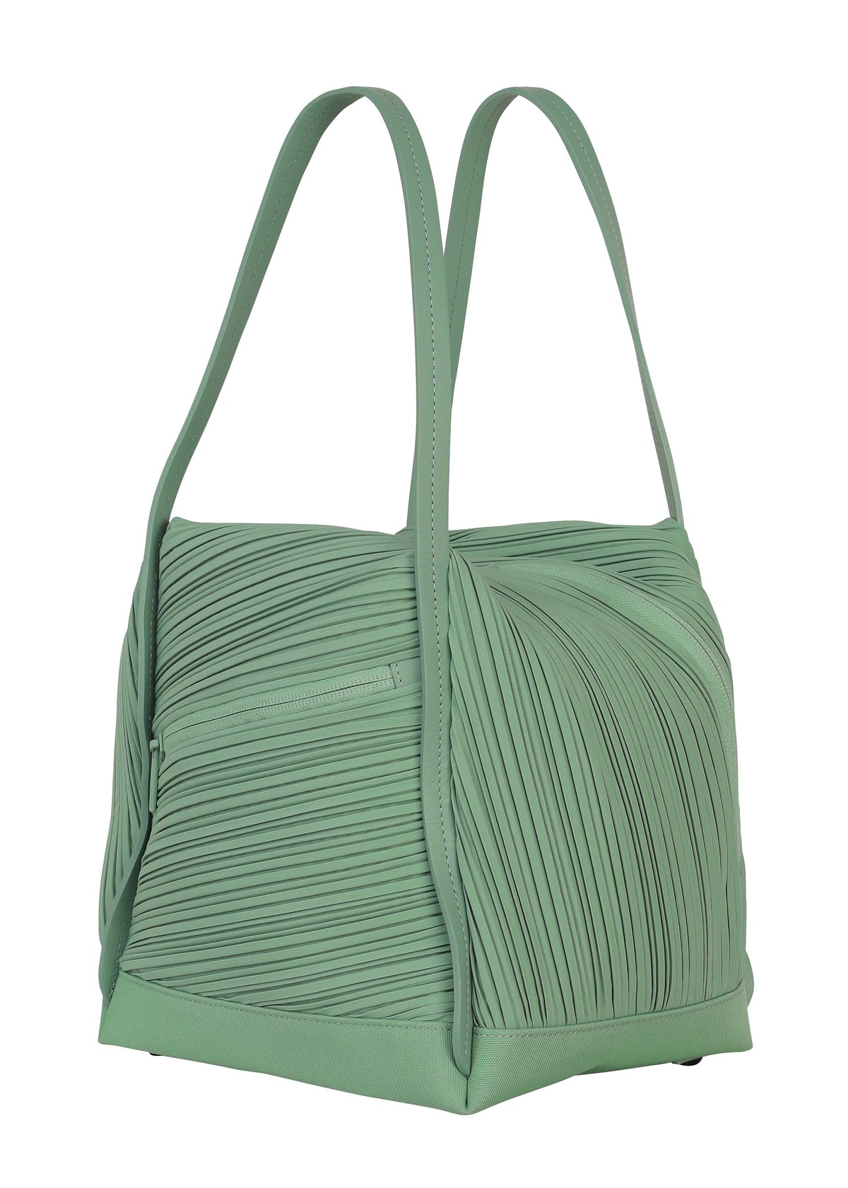 The BIAS PLEATS BAG by PLEATS PLEASE ISSEY MIYAKE is a light green bag featuring textured pleated detailing, two handles, and a small zippered side pocket. This compact accessory boasts a modern, structured design. view 5 of 9