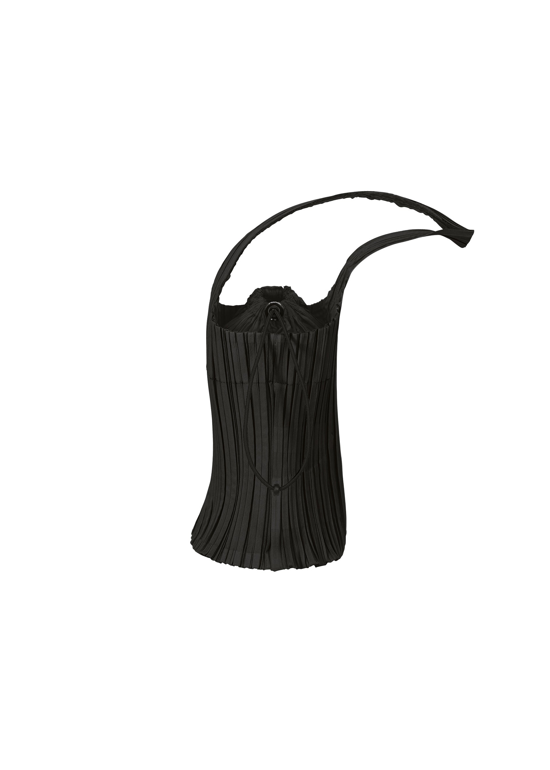 Zoomed view The PLEATS SWAN BAG by PLEATS PLEASE ISSEY MIYAKE is an elegant black handbag with refined pleats, featuring a top drawstring closure and a single long strap, its sophisticated silhouette set against a plain white background. - BLACK （no.15）
