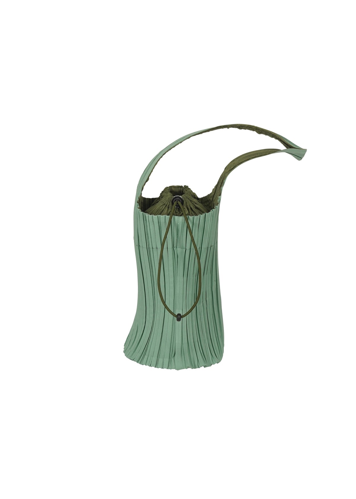 Introducing the PLEATS SWAN BAG by PLEATS PLEASE ISSEY MIYAKE—a light green pleated handbag featuring an olive green drawstring closure and a single matching handle. Set against a white background, this elegant accessory is perfect for adding a touch of sophistication to any outfit. view 2 of 6