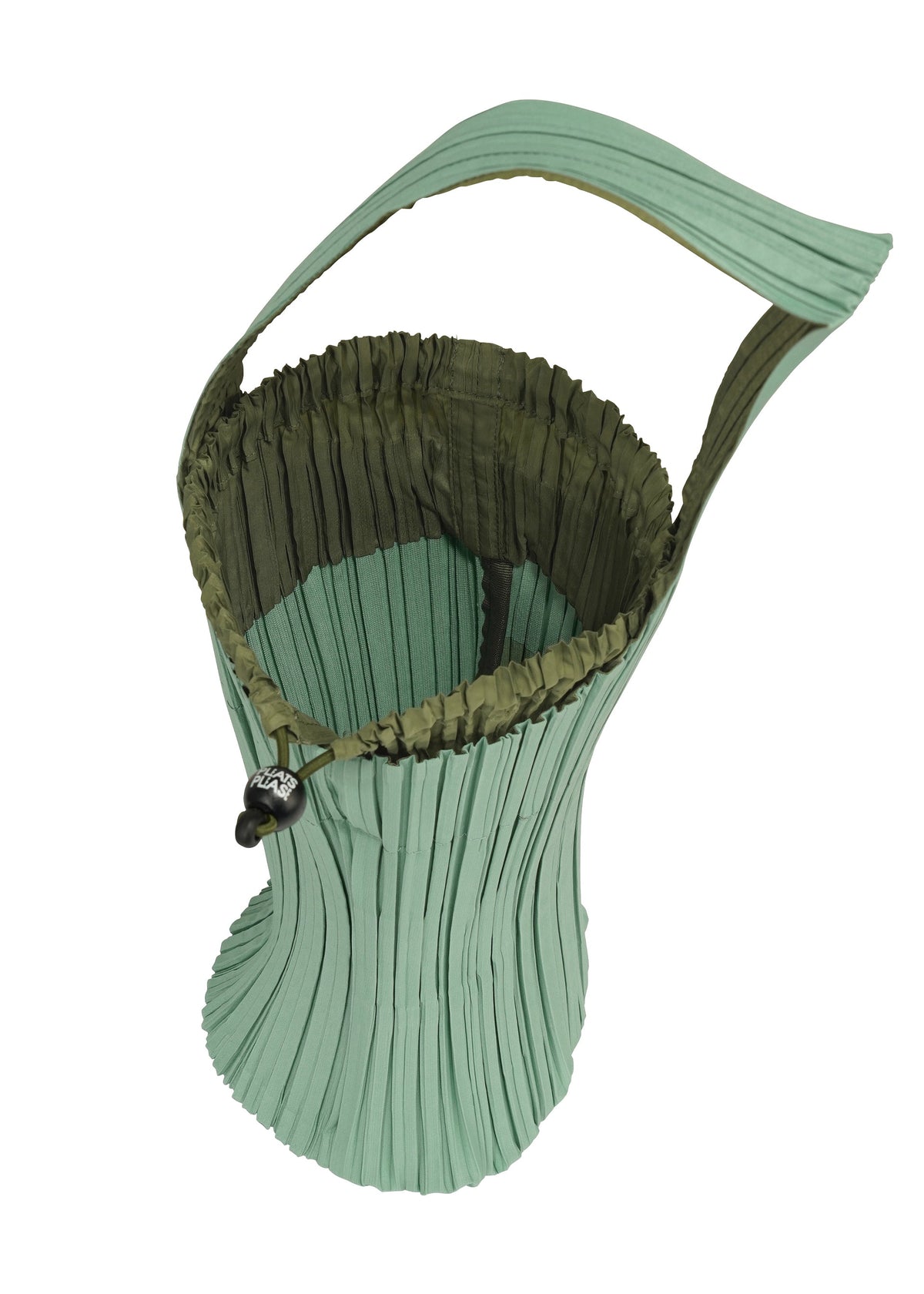 The PLEATS SWAN BAG by PLEATS PLEASE ISSEY MIYAKE is a mint green, elegantly pleated handbag with a distinctive shape, wide handle, olive green inner lining, and a black drawstring closure. view 4 of 6