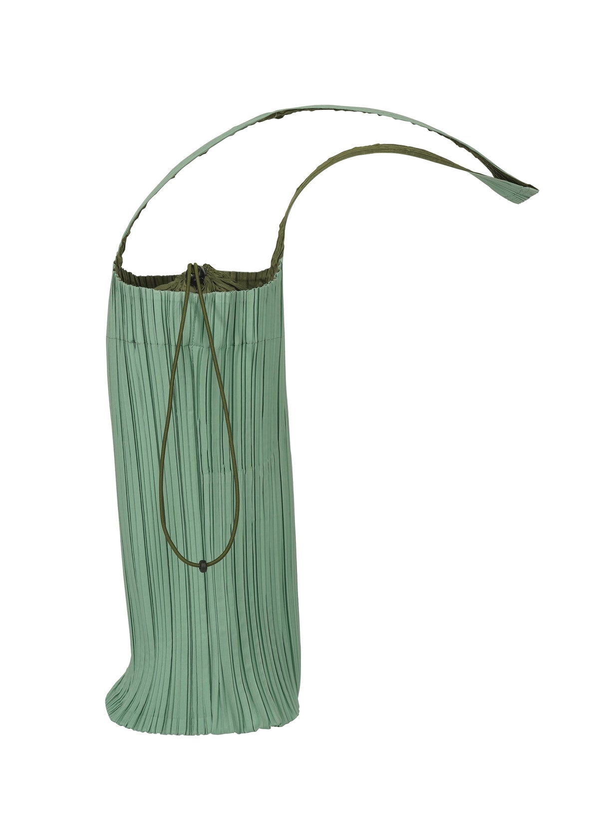 The PLEATS SWAN BAG by PLEATS PLEASE ISSEY MIYAKE is an elegant green pleated handbag, featuring a long, curved strap and a drawstring closure, standing upright against a white background. view 2 of 6