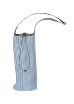 The PLEATS SWAN BAG by PLEATS PLEASE ISSEY MIYAKE is an elegant light blue tote with pleats, a drawstring closure, and a wide shoulder strap, shown on a white background. - LIGHT BLUE （no.70）