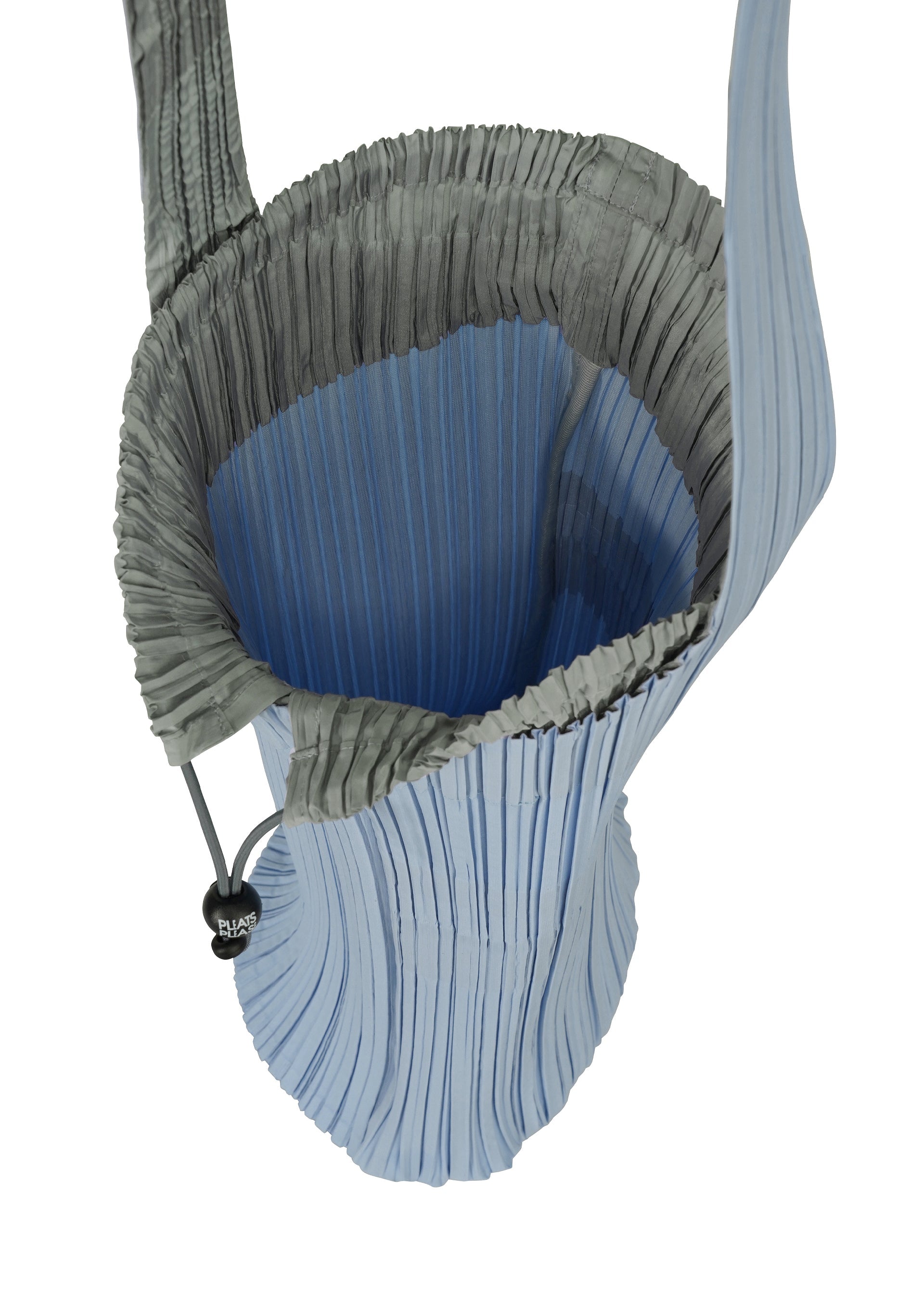 Zoomed view The PLEATS SWAN BAG from PLEATS PLEASE ISSEY MIYAKE is a pleated handbag in light blue and gray fabric, featuring an open top, wide strap, and a drawstring closure adorned with a round black bead. Its elegantly crafted design reveals a visible blue interior for added style and sophistication.