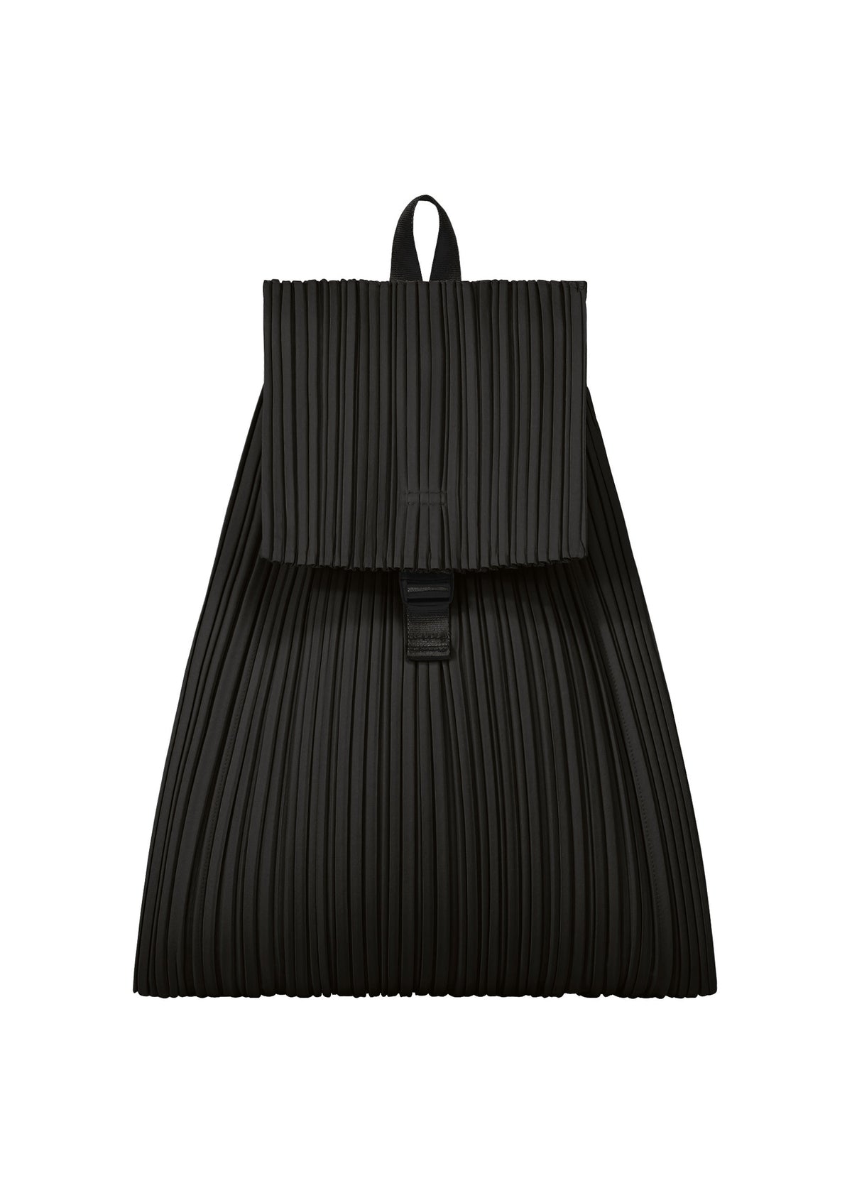 The PLEATS KNAPSACK by PLEATS PLEASE ISSEY MIYAKE features a black pleated design, flap closure, front buckle, and top loop handle, displayed on a plain white background. view 1 of 7