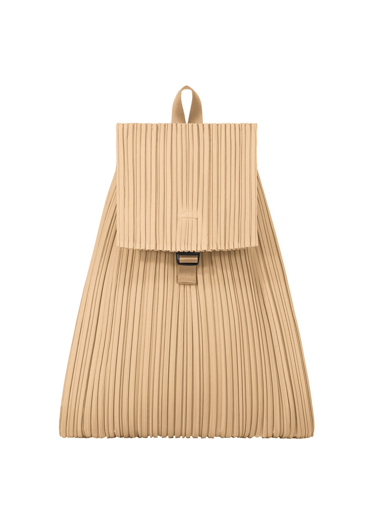 The PLEATS KNAPSACK by PLEATS PLEASE ISSEY MIYAKE is a beige, pleated backpack with a central buckle, flap closure, and top handle, shown against a white background. view 2 of 7
