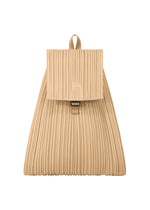 The PLEATS KNAPSACK by PLEATS PLEASE ISSEY MIYAKE is a beige, pleated backpack with a central buckle, flap closure, and top handle, shown against a white background. - ASH BEIGE （no.43）