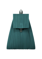 PLEATS PLEASE ISSEY MIYAKE PLEATS KNAPSACK in teal, featuring pleats, a rectangular front flap with central clasp, and top handle, shown against a white background. - BLUE GREEN （no.64）