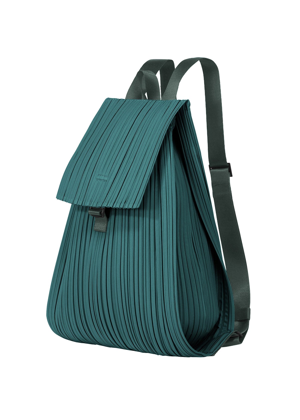 The PLEATS KNAPSACK by PLEATS PLEASE ISSEY MIYAKE is a teal pleated bag with a flap closure and adjustable shoulder straps, shown standing upright against a white background. view 5 of 7