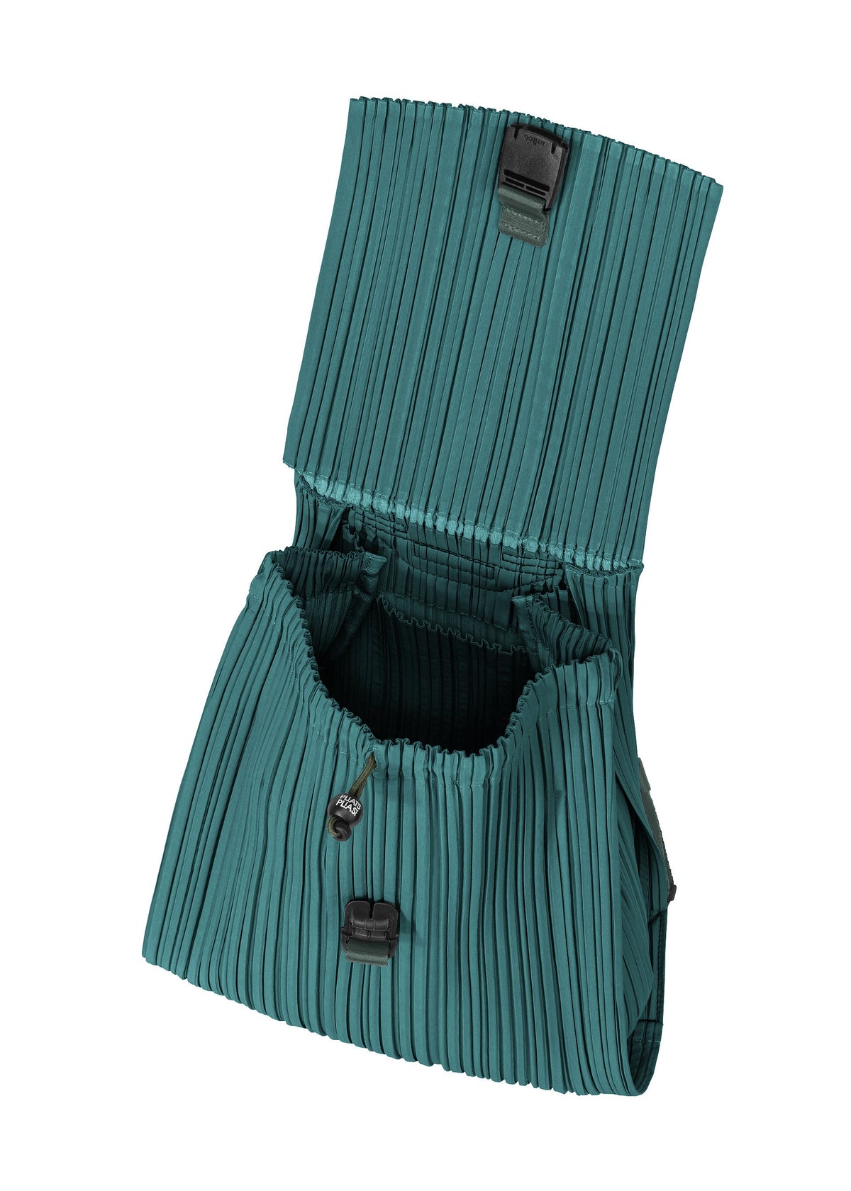 Zoomed view The PLEATS KNAPSACK by PLEATS PLEASE ISSEY MIYAKE features teal pleated fabric, a flap opening with two black buckles, and an expandable accordion-style design shown against a white background.