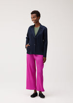 A person stands smiling against a plain light background, wearing a navy pinstripe blazer over a green top, bright pink pleated wide-leg pants, and black KNIT BALLET SHOES by PLEATS PLEASE ISSEY MIYAKE.
