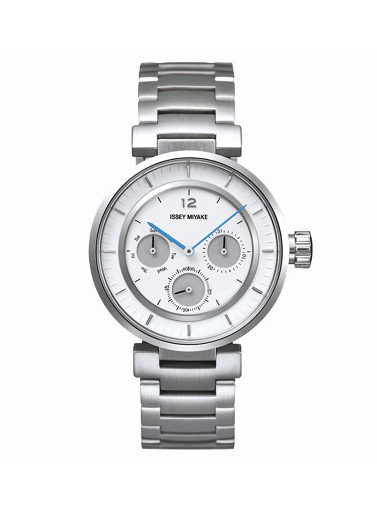 The ISSEY MIYAKE WATCH W mini by Satoshi Wada features a silver stainless steel bracelet, white gauge-inspired dial with three subdials, blue and silver hands, and branding below 12, reflecting minimalist Japanese automotive design. view 1 of 3