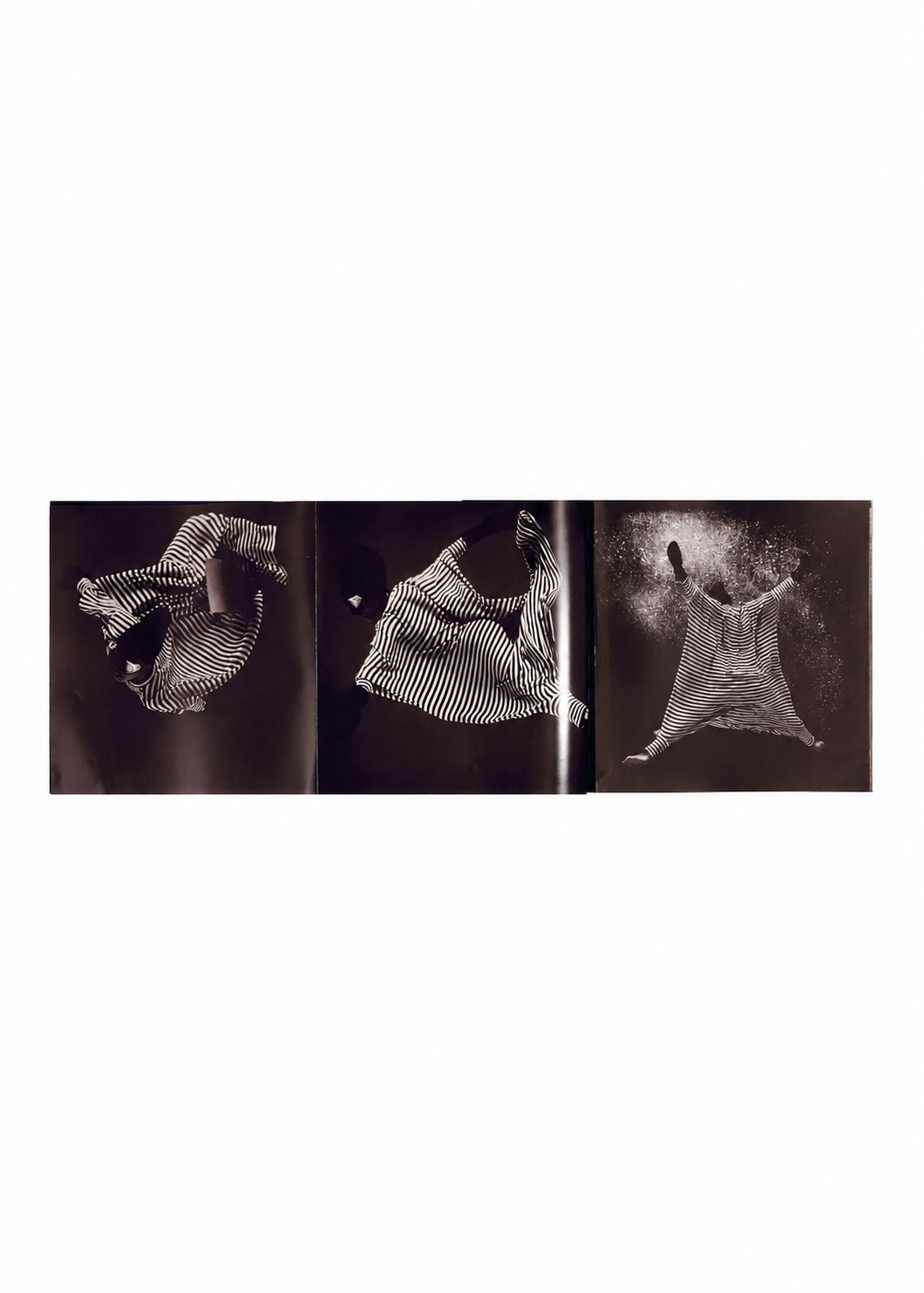 Three black-and-white photos highlight a figure in a striped outfit and cap, captured mid-air while performing dynamic dance or acrobatic moves against a dark background. The ensemble reflects the aesthetic explored in ISSEY MIYAKE (Limited Collectors Edition) by ISSEY MIYAKE BOOKS, drawing on Issey Miyake’s design philosophy to emphasize motion, form, and inventive details through bold contrasts. view 5 of 17