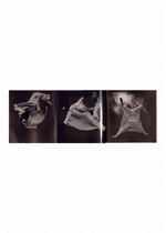 Three black-and-white photos highlight a figure in a striped outfit and cap, captured mid-air while performing dynamic dance or acrobatic moves against a dark background. The ensemble reflects the aesthetic explored in ISSEY MIYAKE (Limited Collectors Edition) by ISSEY MIYAKE BOOKS, drawing on Issey Miyake’s design philosophy to emphasize motion, form, and inventive details through bold contrasts.