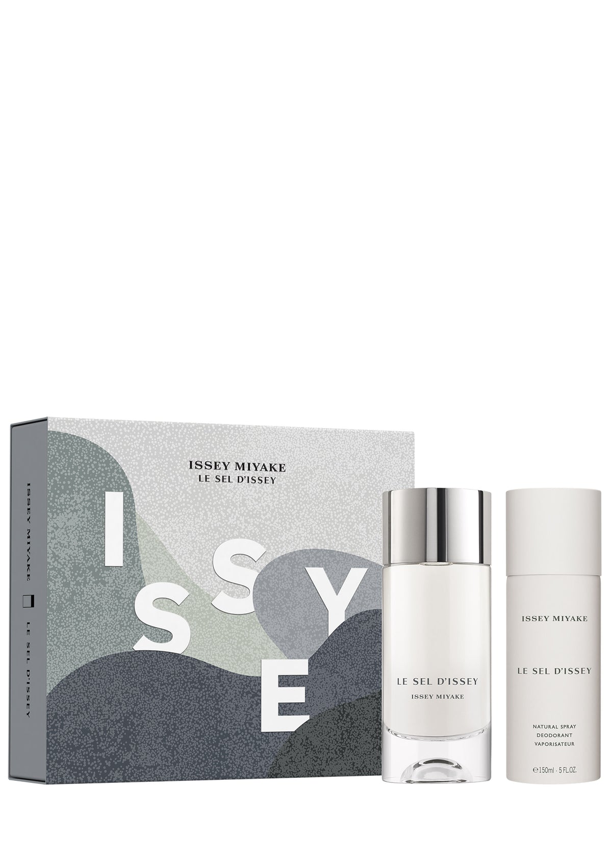 Experience the LE SEL D’ISSEY EAU DE TOILETTE HOLIDAY COFFRET by ISSEY MIYAKE PARFUMS—a sophisticated gift set presented in a limited-edition box. Inside, you’ll find a sleek white spray bottle with a silver cap and a coordinating deodorant stick, both showcasing the fresh marine woody fragrance ideal for those who love refined and invigorating scents. view 1 of 2