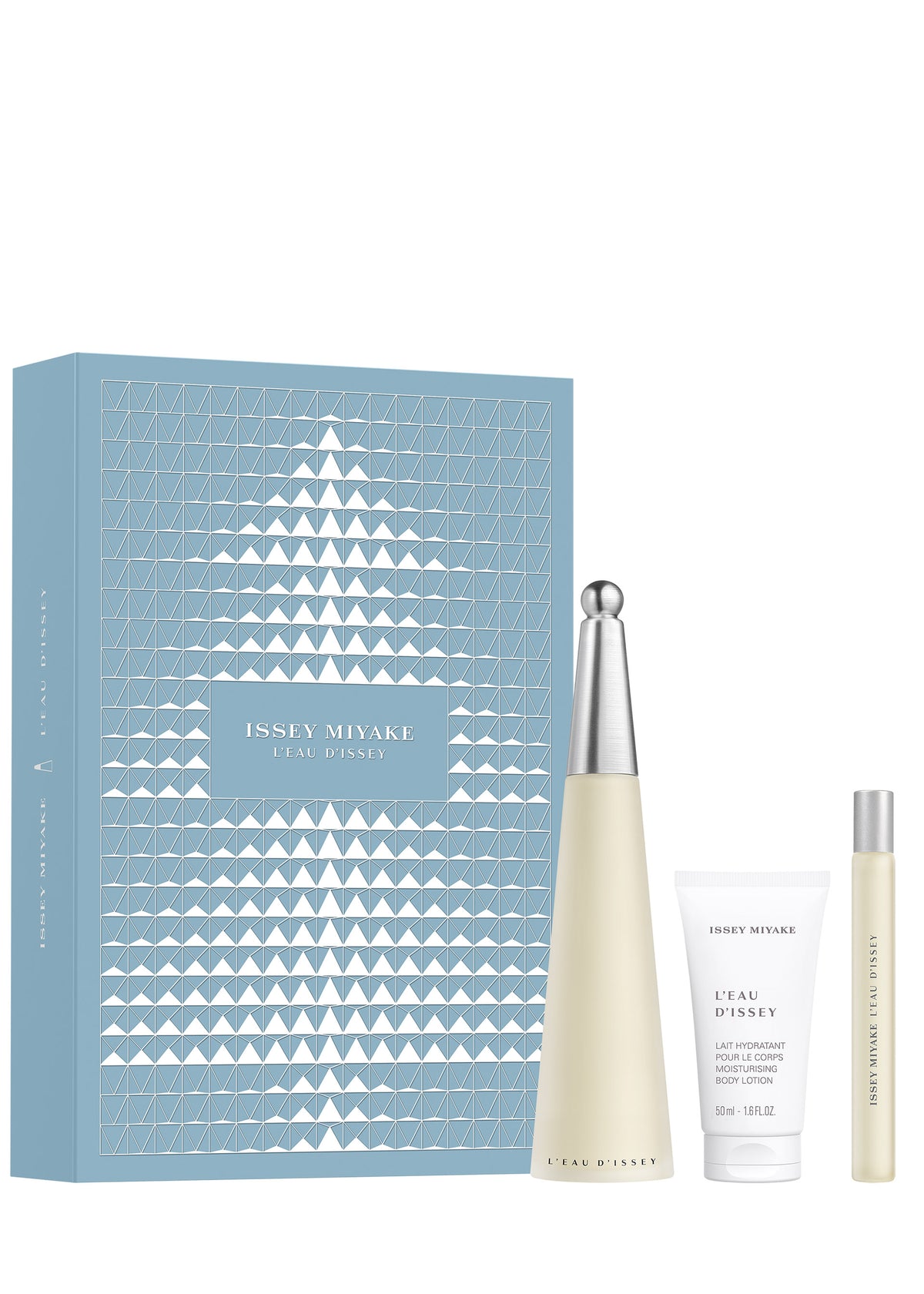 The L’EAU D’ISSEY EAU DE TOILETTE HOLIDAY SET gift box features a large blue container with a geometric pattern, a tall conical perfume bottle, a tube of moisturizing body lotion, and a slim travel spray. view 1 of 1