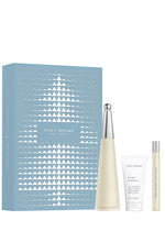 The L’EAU D’ISSEY EAU DE TOILETTE HOLIDAY SET gift box features a large blue container with a geometric pattern, a tall conical perfume bottle, a tube of moisturizing body lotion, and a slim travel spray. - 100ML