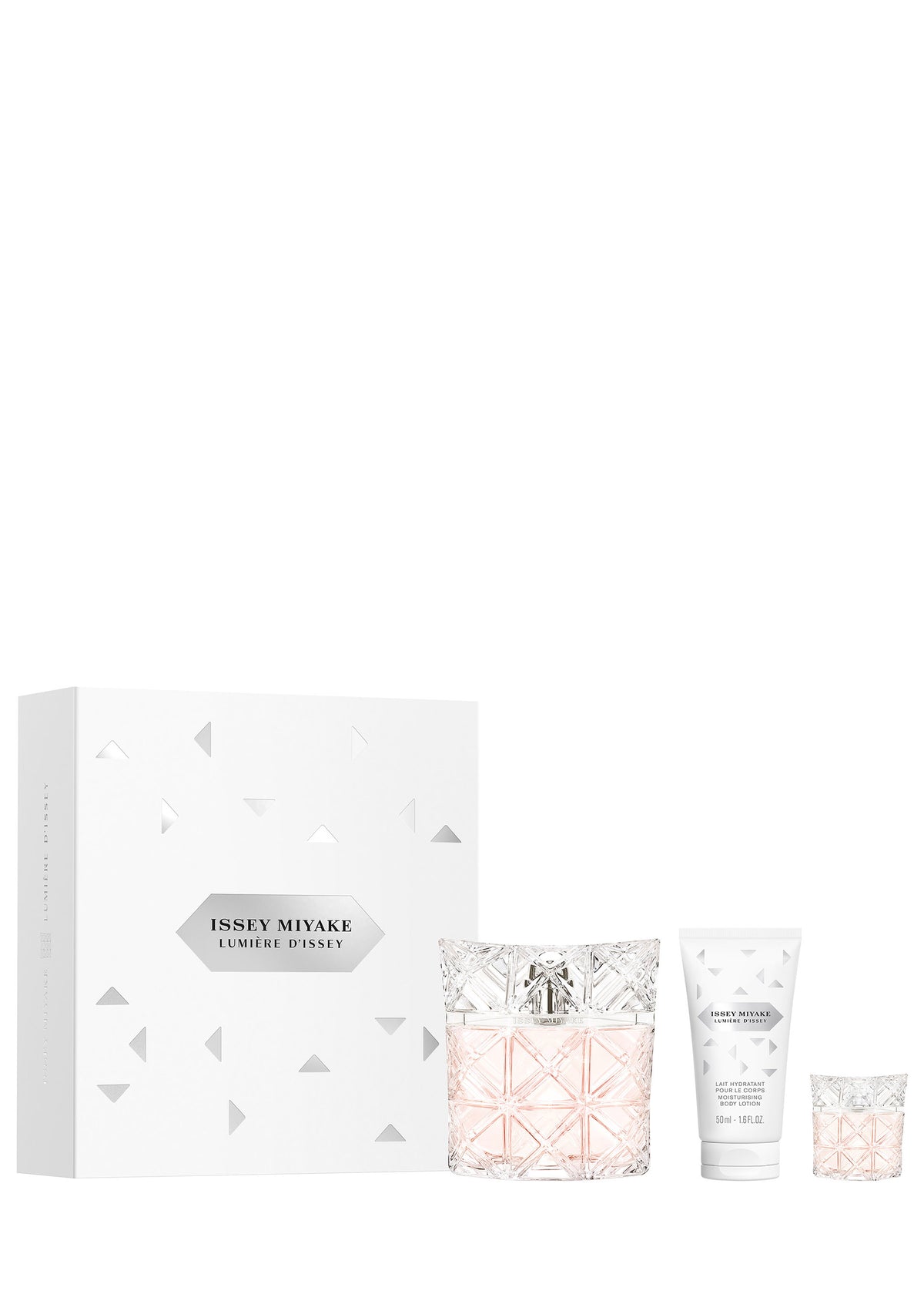 Zoomed view The ISSEY MIYAKE PARFUMS LUMIERE EAU DE PARFUM HOLIDAY SET includes an eau de parfum, a body lotion, and a mini perfume, all presented in a box with a striking geometric design. - OS